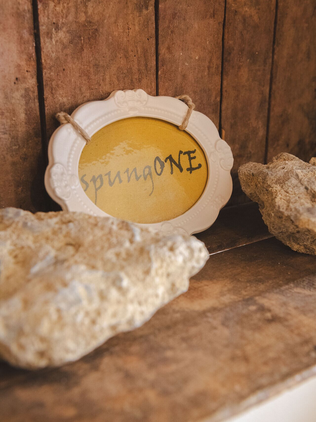 A rustic wooden shelf with a decorative frame holding a yellow object with the word "spungone" written on it.