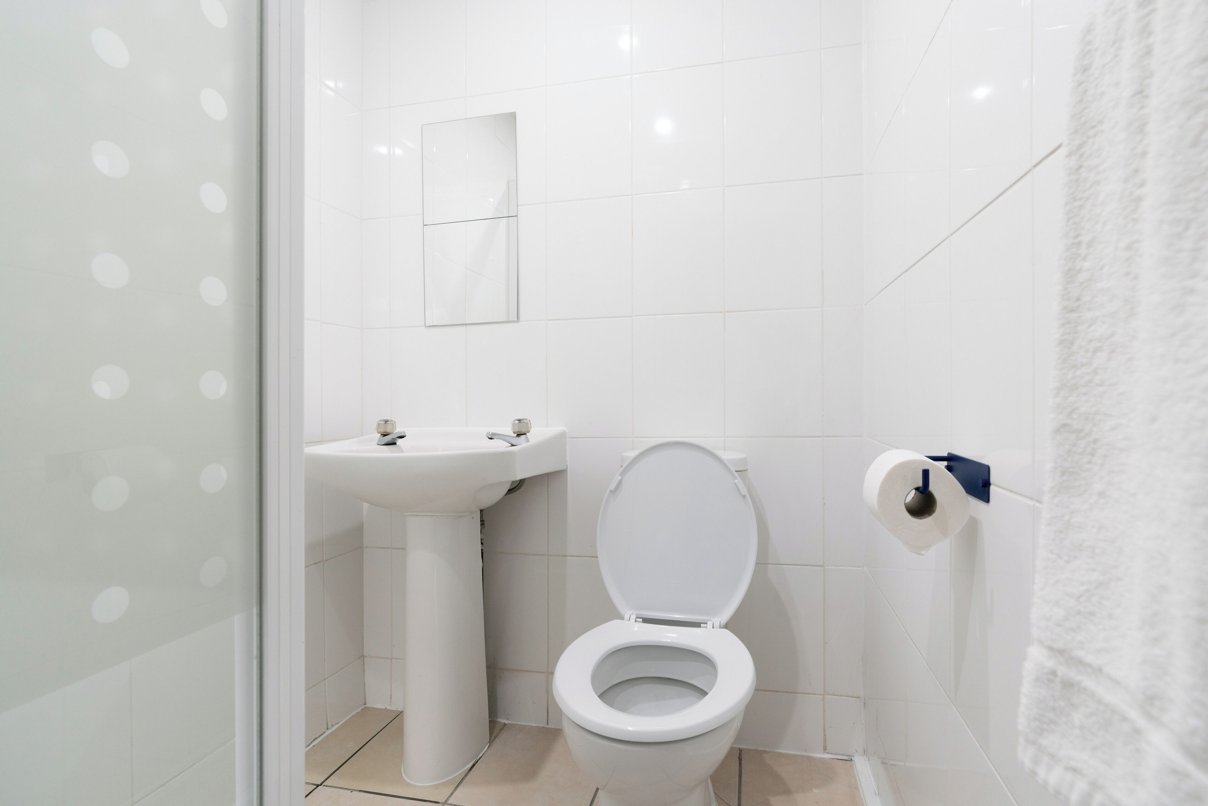 Ein kleines, sauberes Badezimmer mit Toilette, Waschbecken und Spiegel.