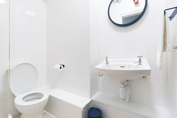 Un baño con inodoro, lavabo y espejo.