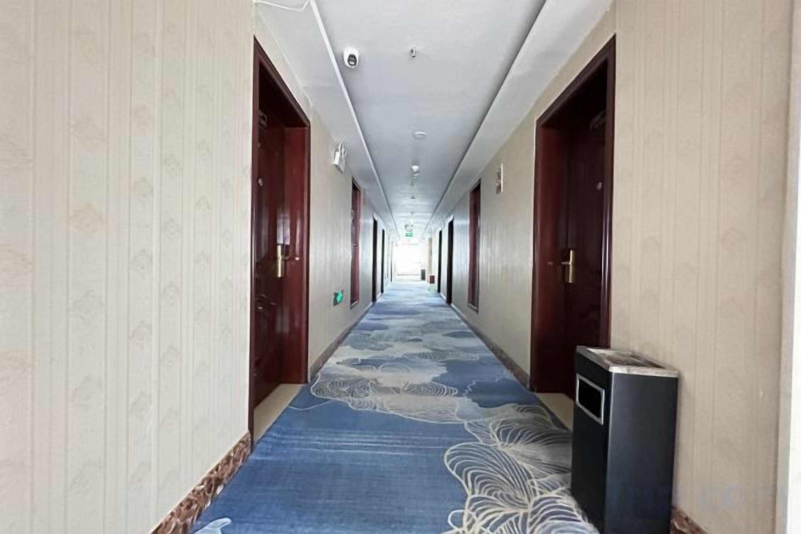 Ein Hotelkorridor mit gemustertem Teppich, Holztüren und einem Mülleimer.