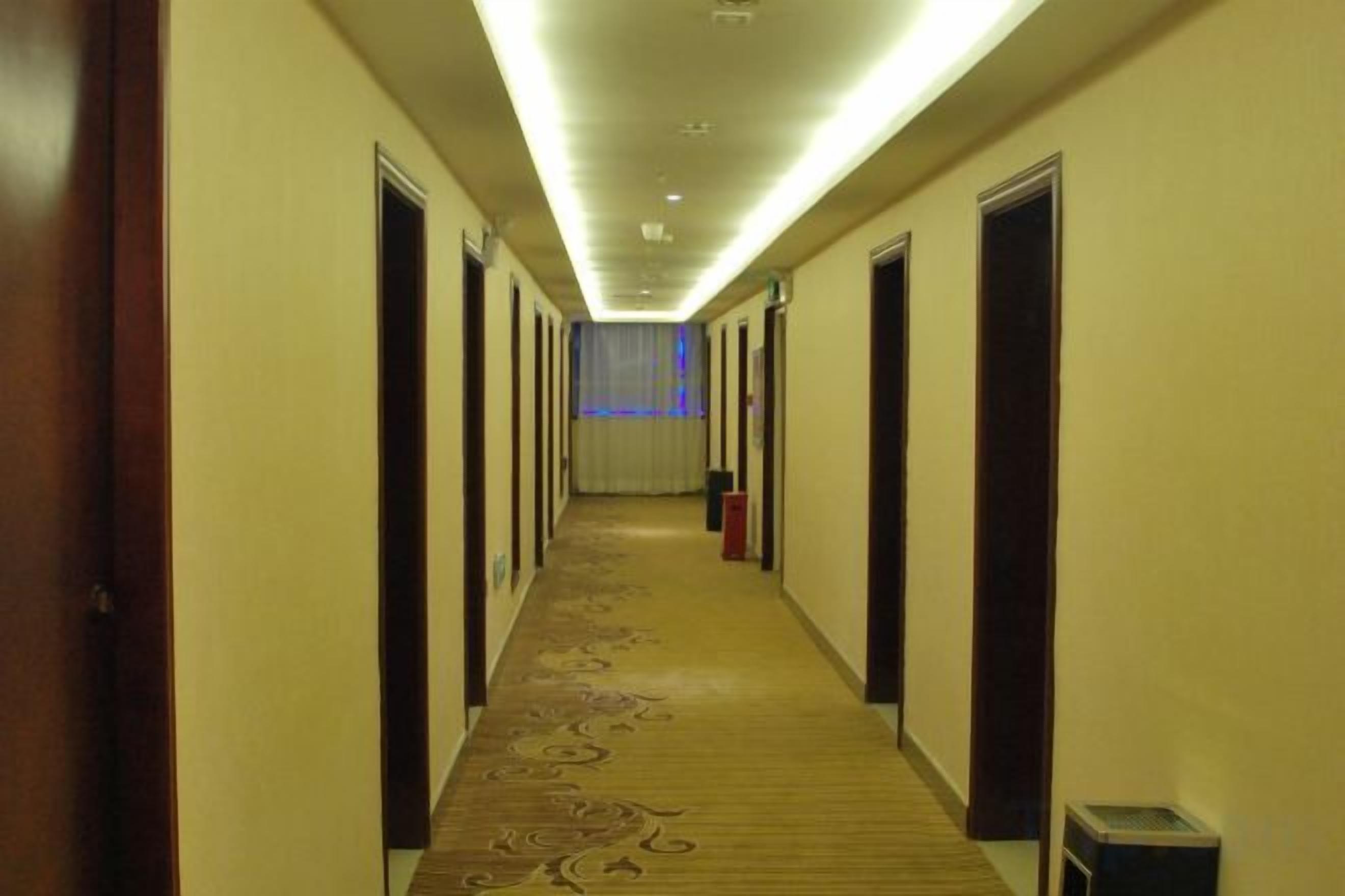 A hotel hallway with carpeted floors, doors on both sides, and a light fixture on the ceiling.