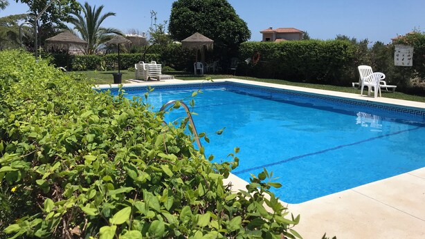 Une piscine à l’eau d’un bleu cristallin, entourée de verdure et de chaises longues blanches.