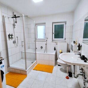 Hair dryer, towels, soap, toilet paper