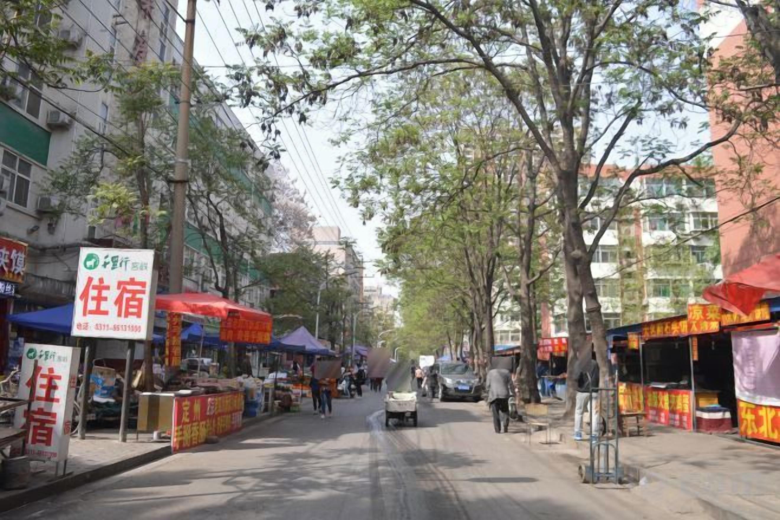 A street lined with shops and stalls, a bicycle, and a pedestrian.