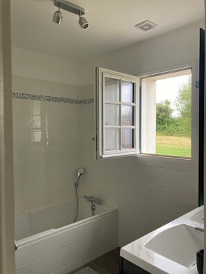 Shower, hair dryer, toilet paper