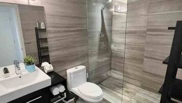 Shower, hair dryer, towels, soap