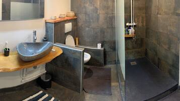 Shower, hair dryer, bidet, towels