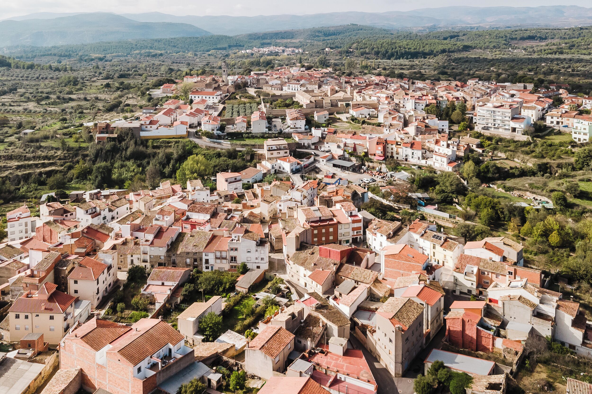 An aerial view of a town with densely packed buildings, a prominent church, and surrounding greenery.