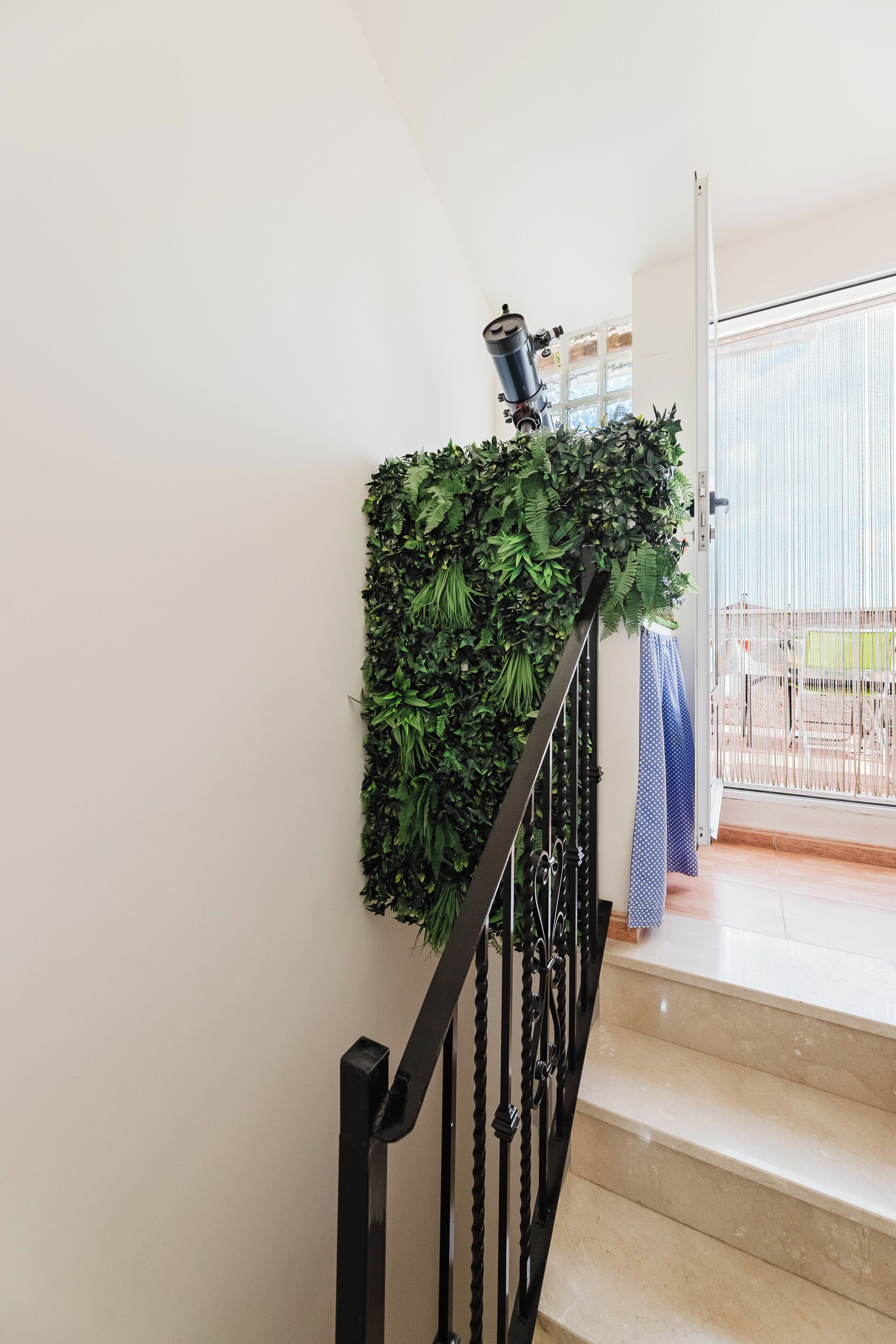 A staircase with a black railing, a wall-mounted plant, and a door leading to a balcony.