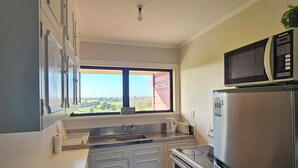 A kitchen with a window, stainless steel appliances, and a view of a red building. - Forget your worries in our cosy farm cottage Spacious & relaxing with farm views (Ruawaro)