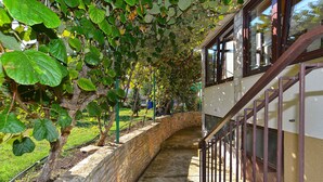 A stone pathway leading to a building with a metal railing and a staircase.