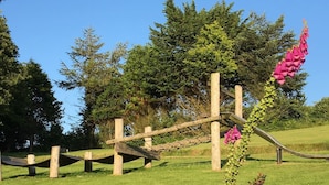 Eine Holzbrücke über ein grasbewachsenes Feld mit Bäumen im Hintergrund.