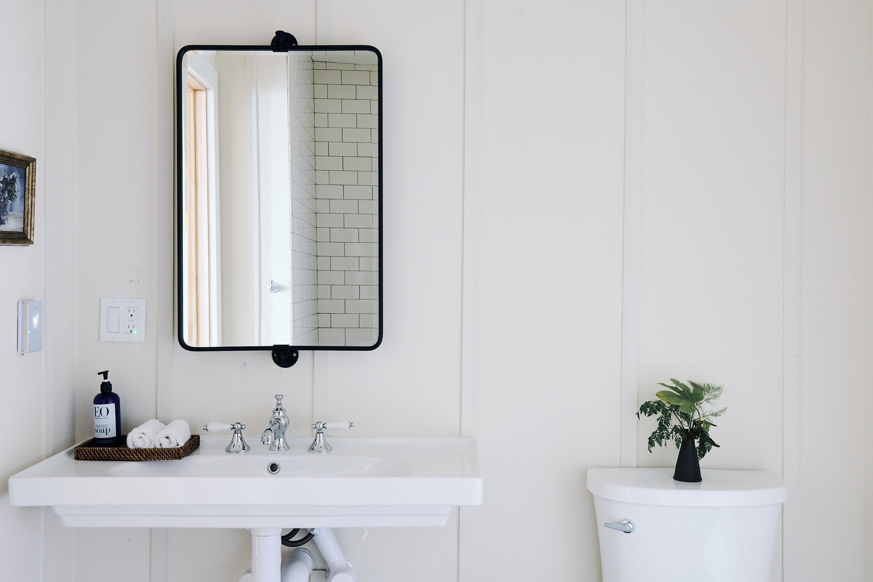 A bathroom with a white sink, a mirror, a toilet, and a potted plant.