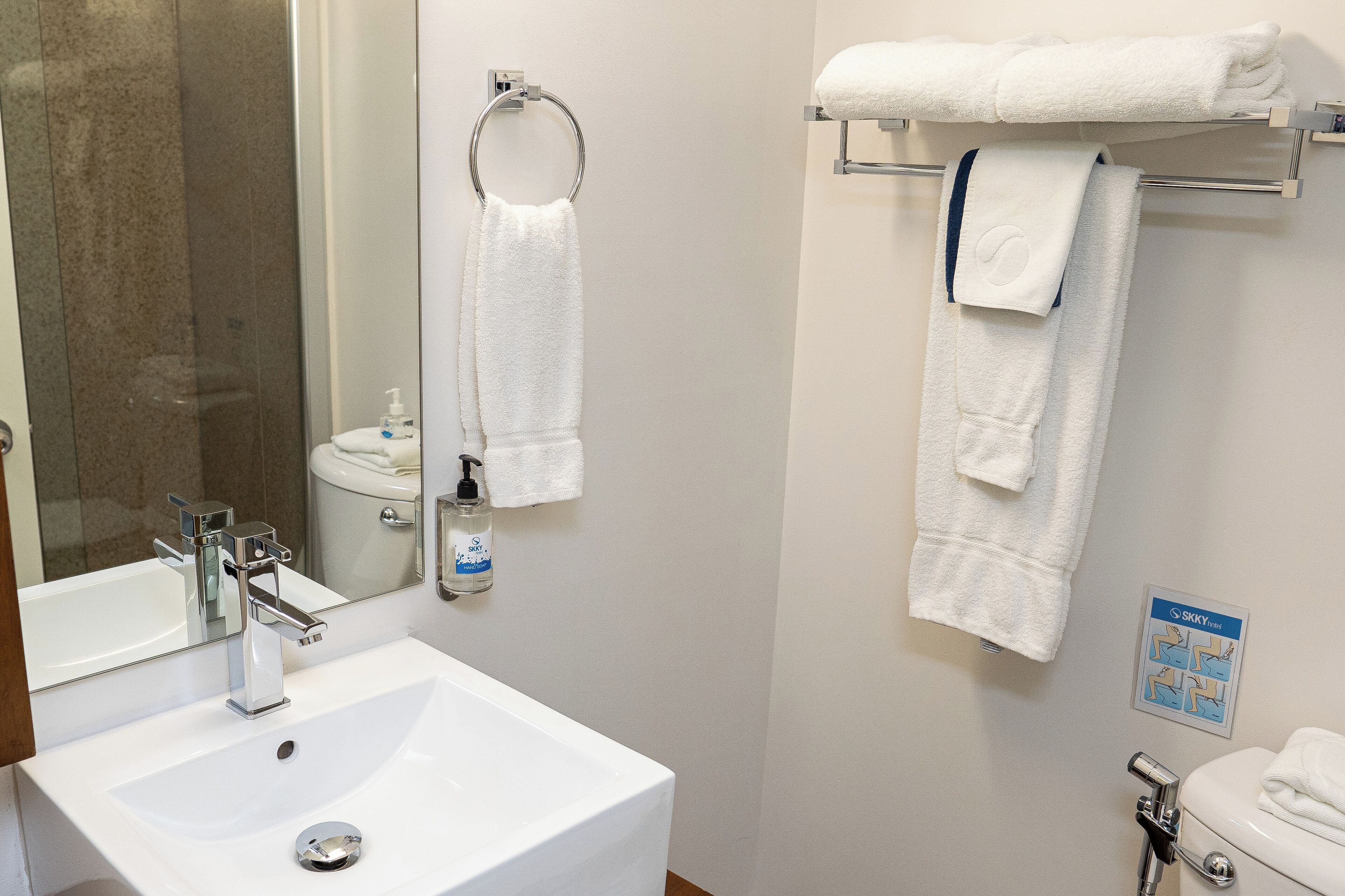 Un bagno con lavandino bianco, uno specchio, un porta asciugamani e un water.