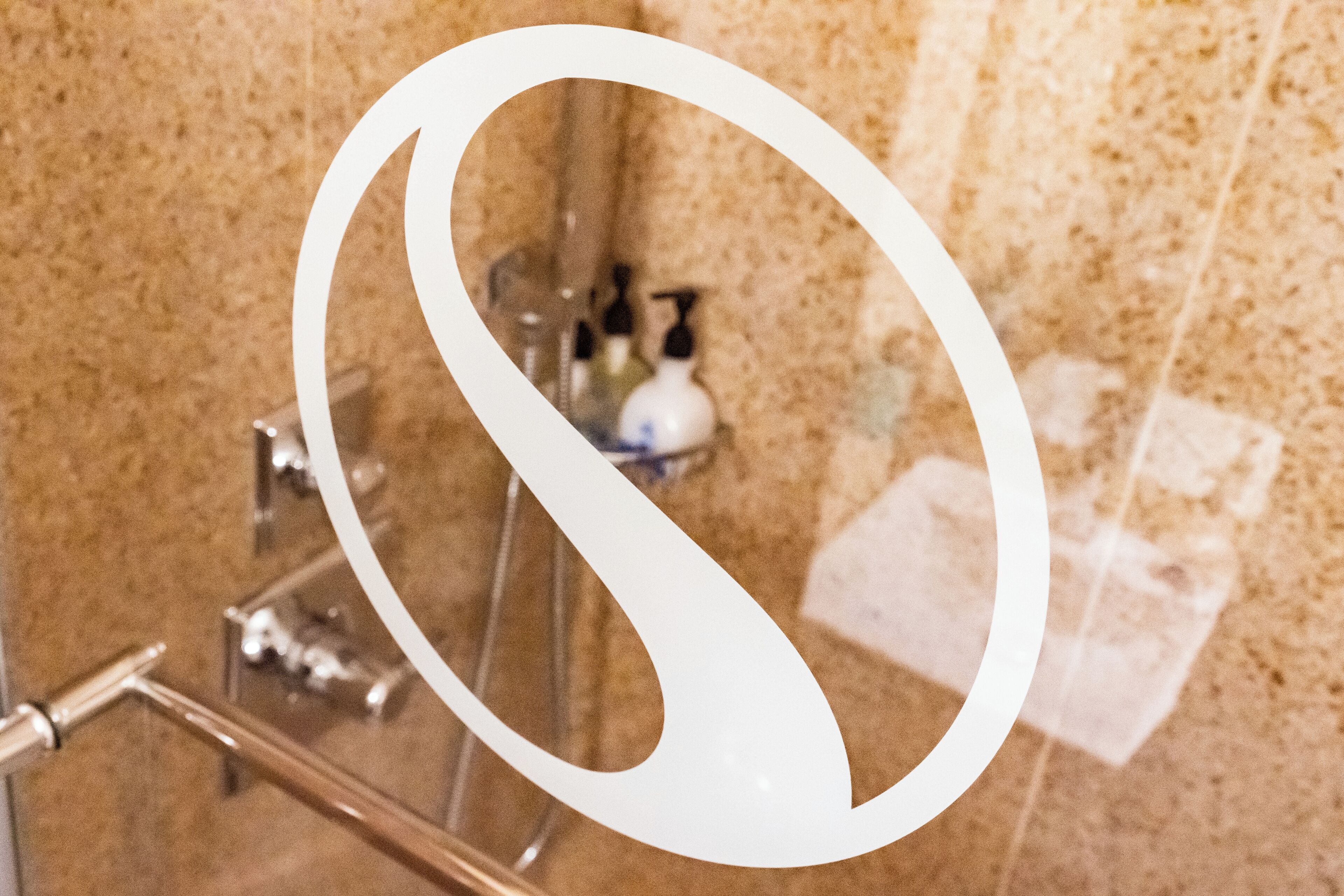Une salle de bain avec une douche, un miroir et des articles de toilette rangés sur une étagère.