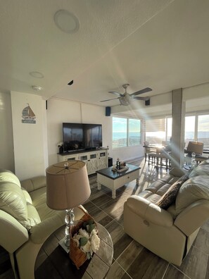 Smart TV, fireplace, books, stereo