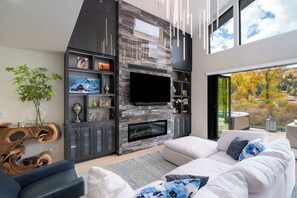 TV connectée, cheminée, chaîne hi-fi
