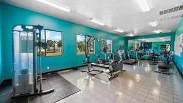 A gym with teal walls, various exercise equipment, and large windows offering views of palm trees and a clear sky.