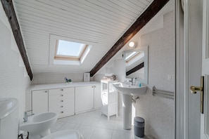 Regadera, secadora de cabello, bidet, toallas