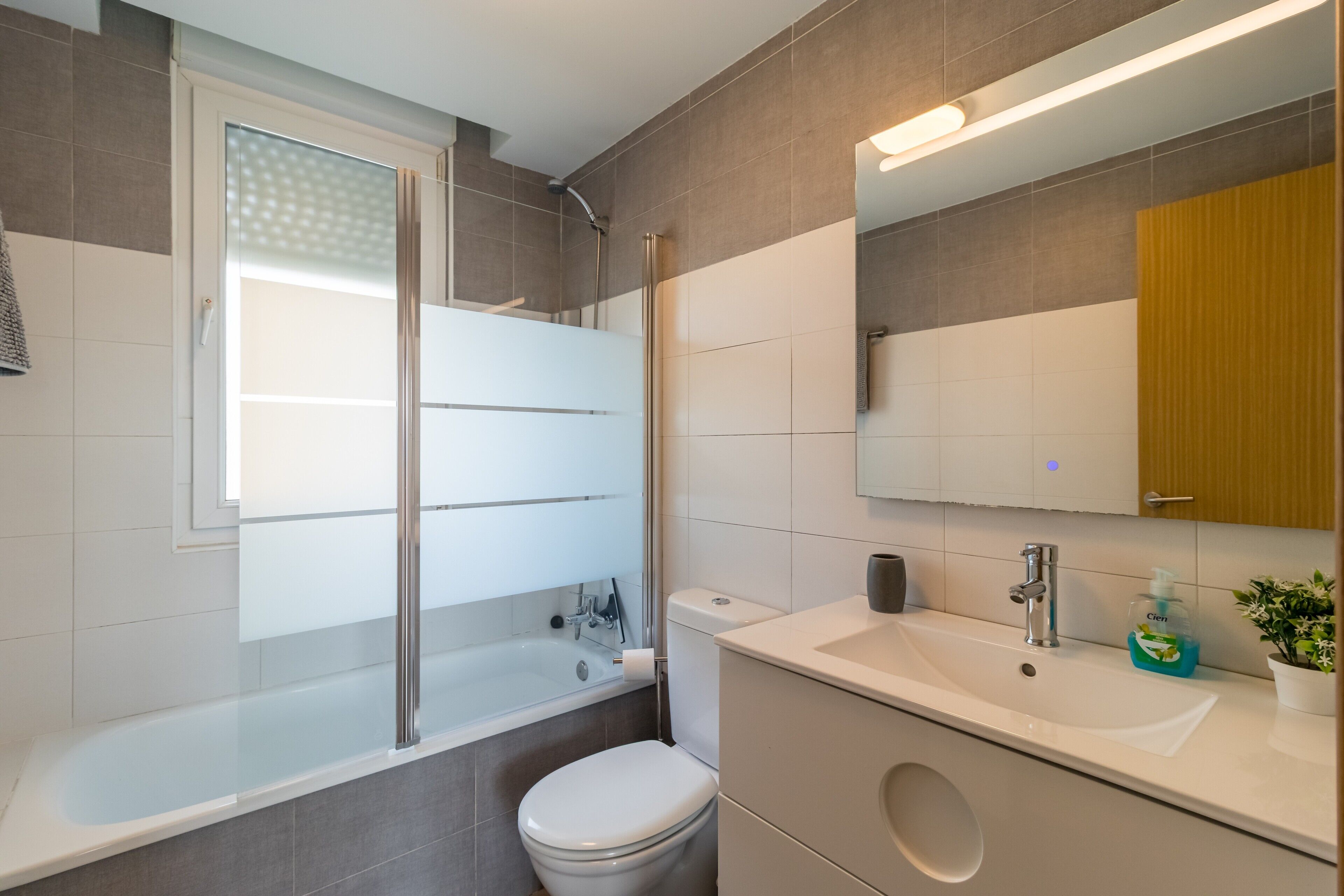 Un baño moderno con ducha envuelta en vidrio, inodoro, lavamanos con espejo y una planta en maceta.