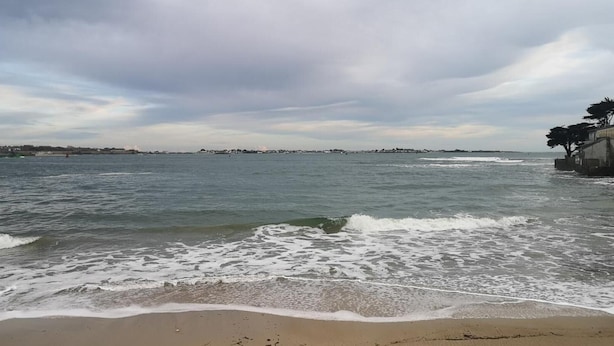 Vista costera con olas, una playa arenosa y una línea de costa distante con edificios.