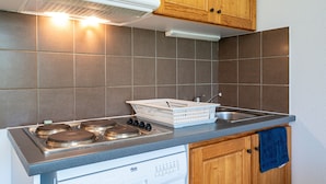 A kitchen with a stove, a sink, wooden cabinets, and a tiled backsplash. - Apartment 'Neptune' with Mountain View and Balcony (Albiez-Montrond)
