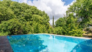 Piscina rectangular con agua azul cristalina, rodeada de árboles verdes y un borde de ladrillo.