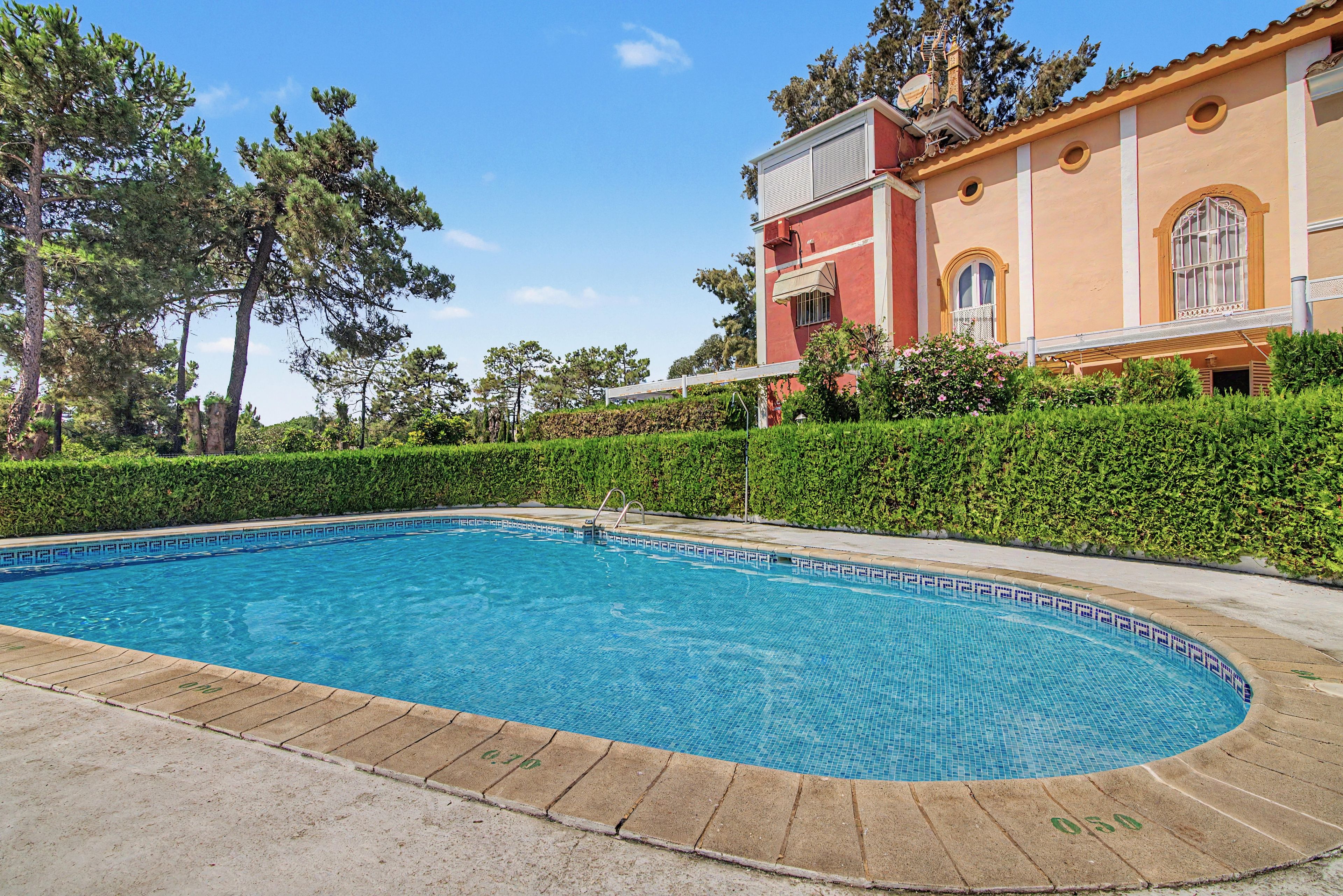 Una piscina con borde alicatado, rodeada de setos y árboles.