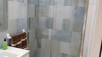 Shower, hair dryer, towels