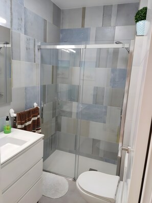 Shower, hair dryer, towels