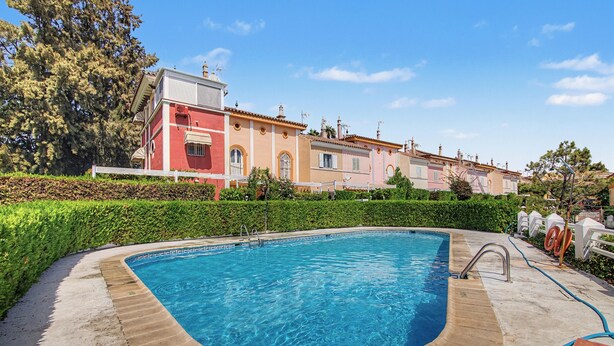A swimming pool with a curved edge, surrounded by a paved deck and a hedge.