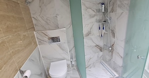 Shower, hair dryer, towels