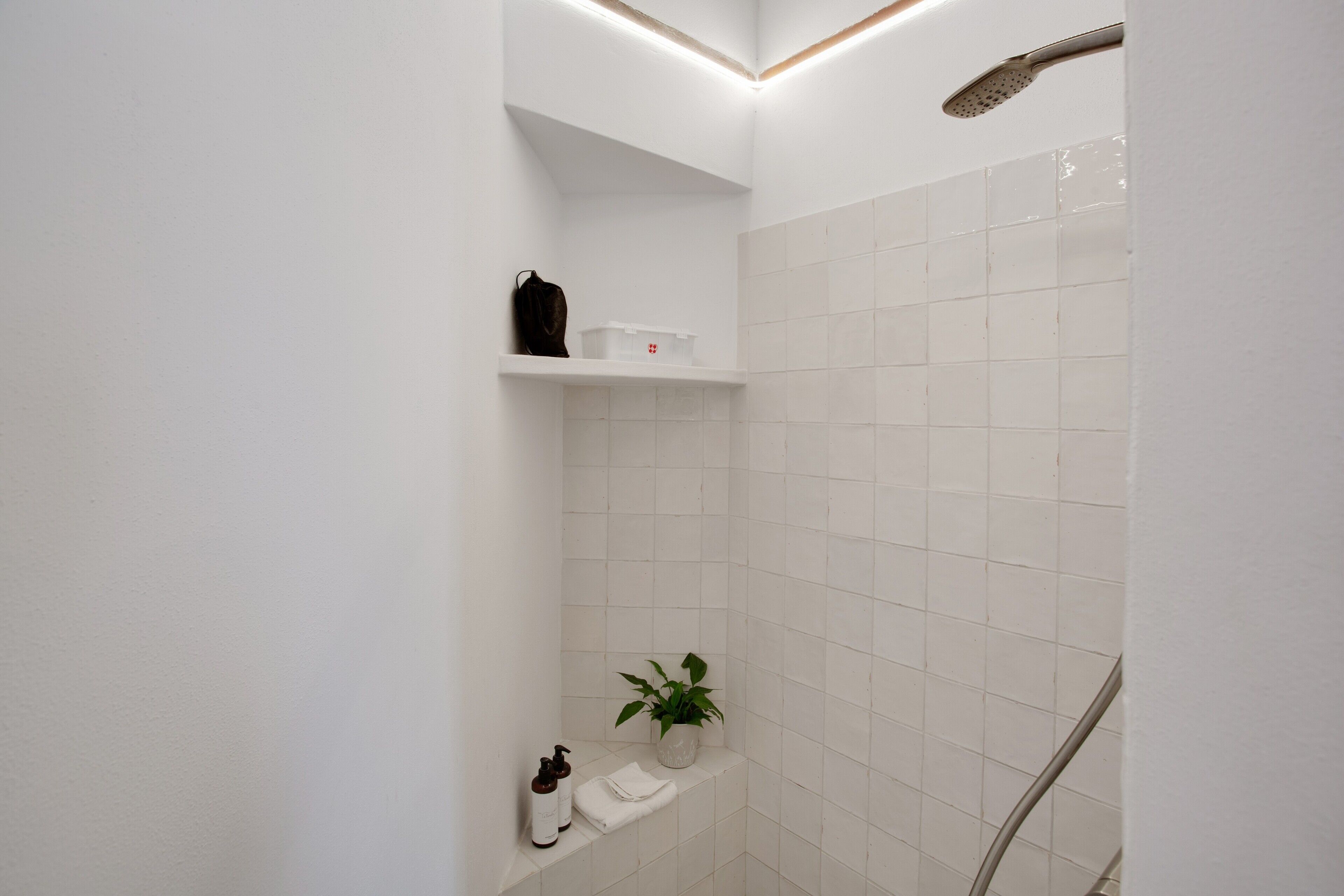 A modern bathroom with white tiles, a shower, a shelf with toiletries, and a plant.