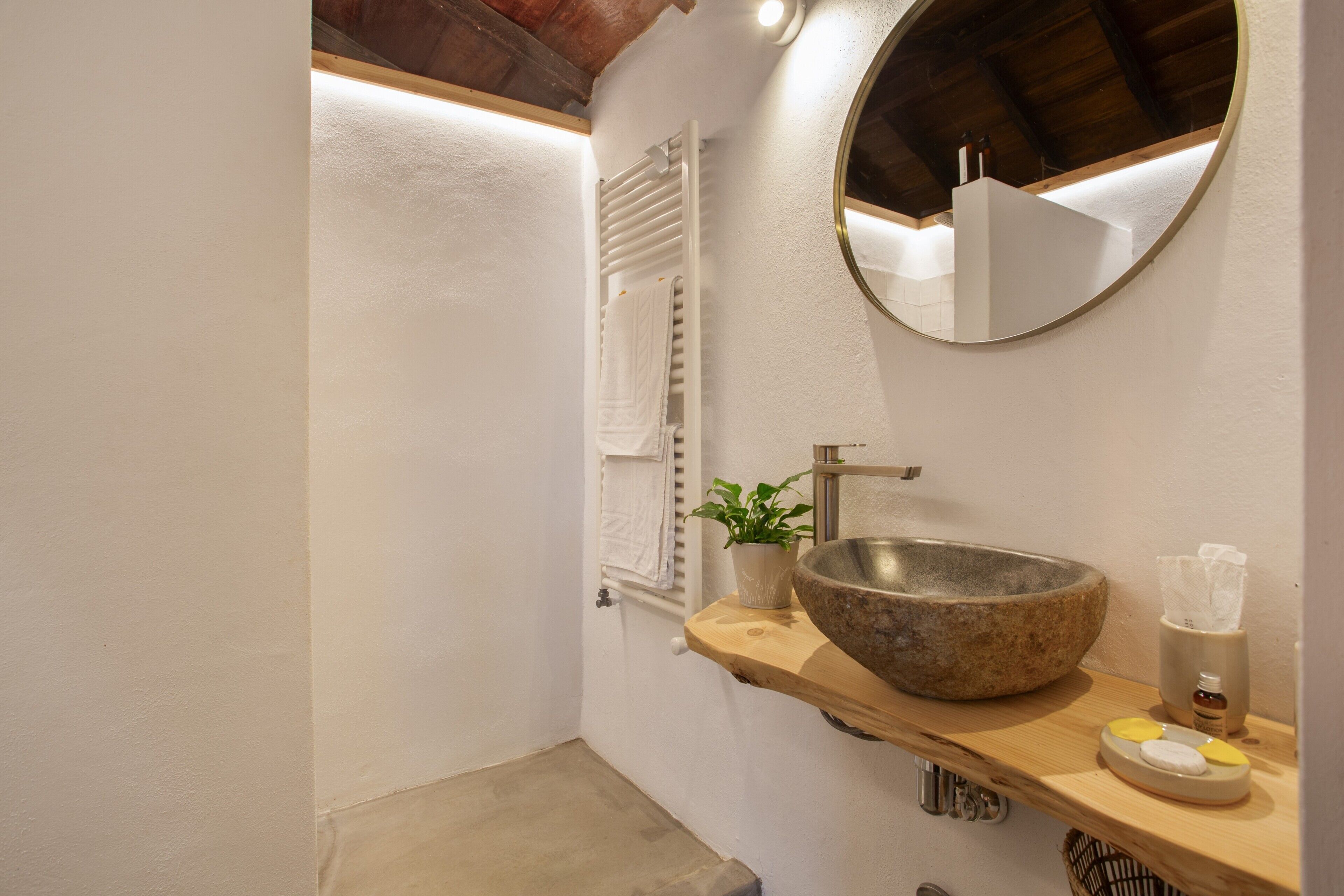 Un baño con un lavamanos de piedra, un espejo, un perchero para toallas, una planta en maceta y un estante de madera con artículos de aseo.