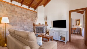 A living room with a sofa, a TV, a fireplace, and a wooden ceiling. - Vacation Home 'Volcán 16' with Private Terrace, Private Garden and Wi-Fi (El Tanque)