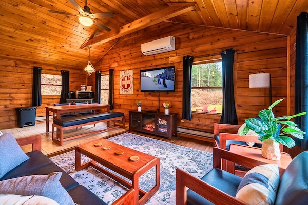 Bright and open living space with vaulted ceilings, large windows, and a cozy setup for movie nights or rainy day lounging.