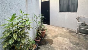 Un patio con plantas en macetas, suelo de hormigón, una puerta negra y una ventana.