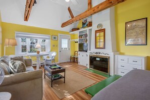 Smart TV, fireplace, books