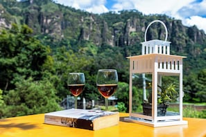 A table with two wine glasses, a book, and a lantern with a plant. - Hikuri House (Tepoztlán)