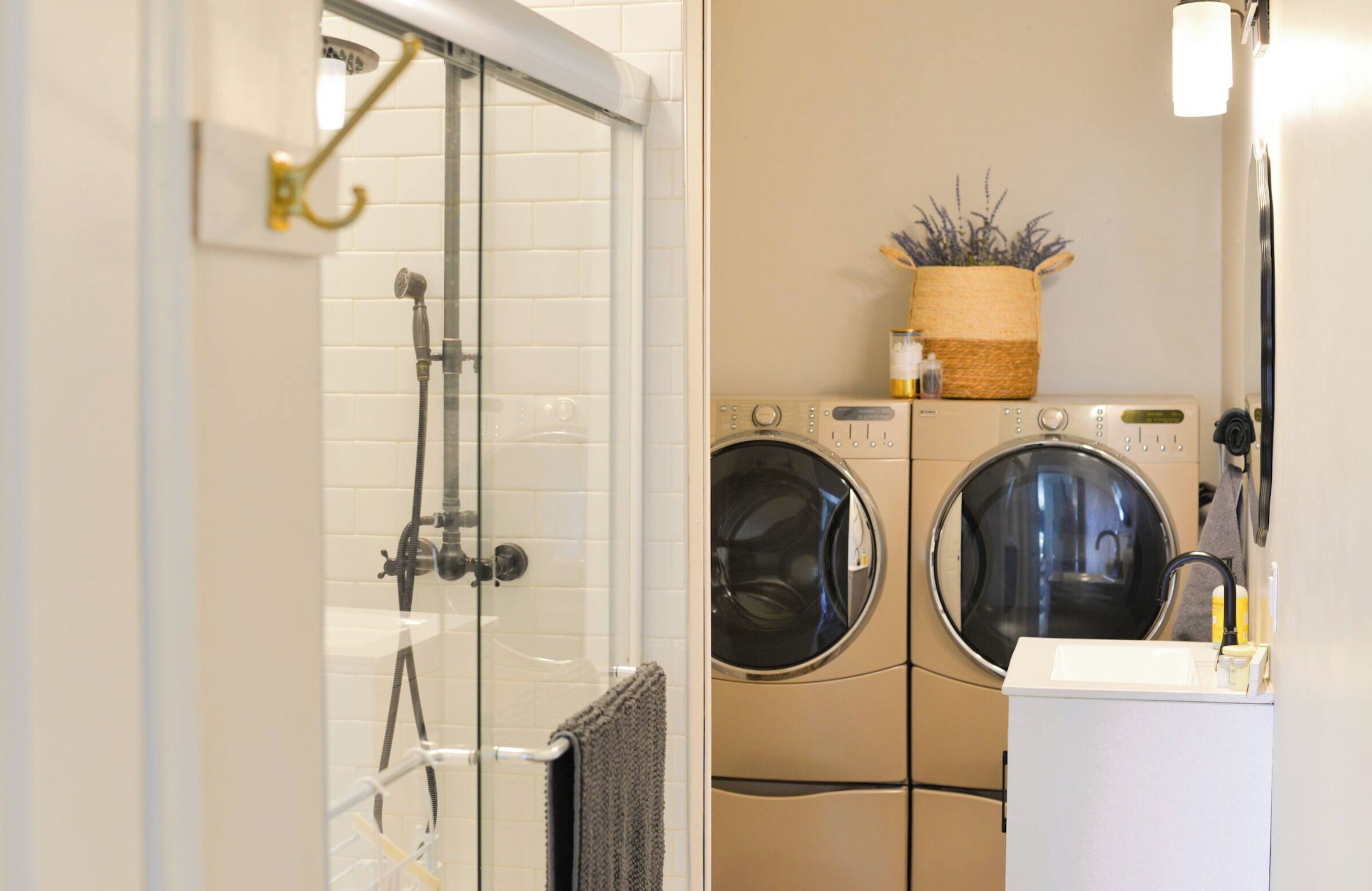Hair dryer, towels, soap, toilet paper