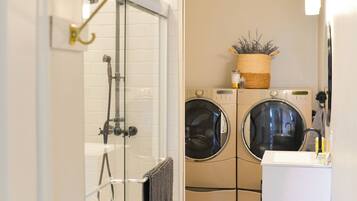 Hair dryer, towels, soap, toilet paper
