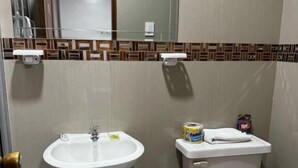 A bathroom with a pedestal sink, toilet, and a trash bin.