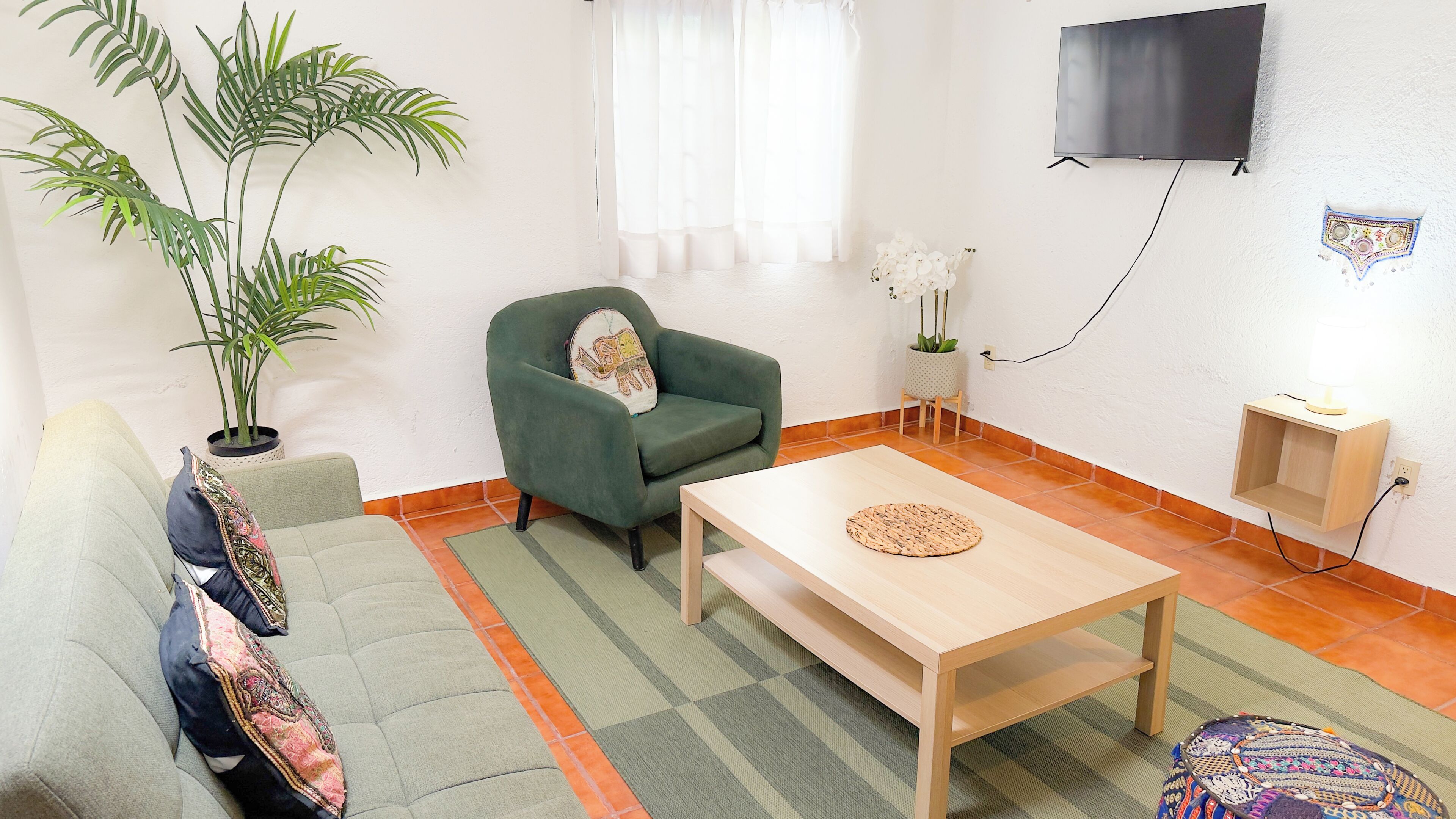 A living room with a green armchair, a sofa, a wooden coffee table, a potted plant, a small table with flowers, and a TV mounted on the wall.