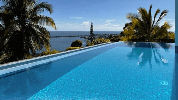 A clear blue infinity pool with a view of the ocean and palm trees.