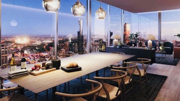 A modern dining area with a panoramic city view, large windows, and contemporary lighting fixtures. - Royal Executive Living Garden Executive (Caulfield North)