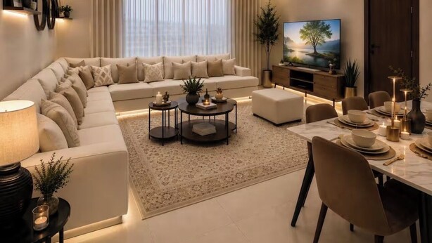 En moderne stue med sofa, sofabord, spisebord til fire personer og et fjernsyn.