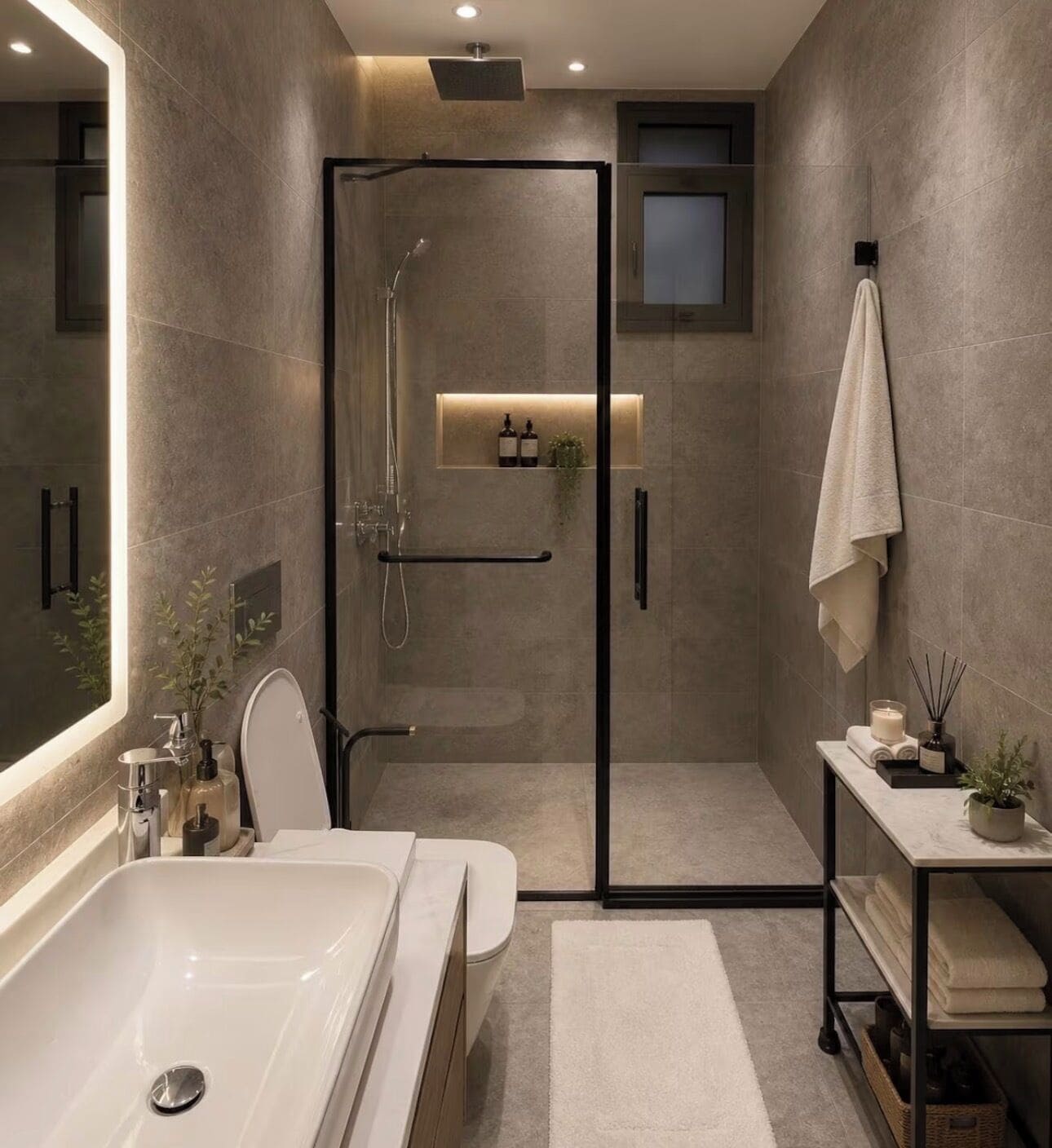 A modern bathroom with a walk-in shower, a bathtub, a toilet, and a vanity with a mirror.