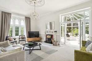 Televisor, llar de foc, llibres i estèreo 