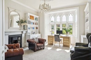 TV, fireplace, books, stereo - The Rectory, Stunning Views, Pool & Padel Court! (Berrynarbor)