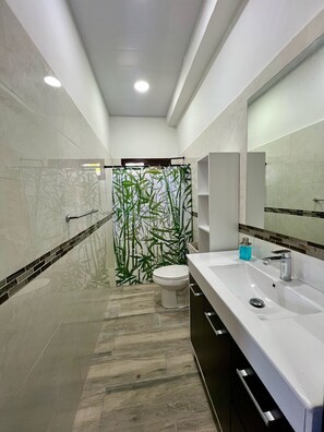 シャワー、タオル、石鹸、トイレットペーパー